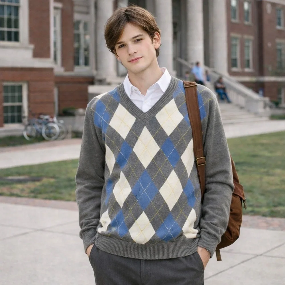 XL Argyle V‎ Neck Cotton Sweater Gray Blue Prep Golf Academia Pullover